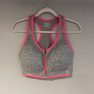 Danskin Now Heather Grey and Pink Zipper Front Sports Bra with Removable Cups